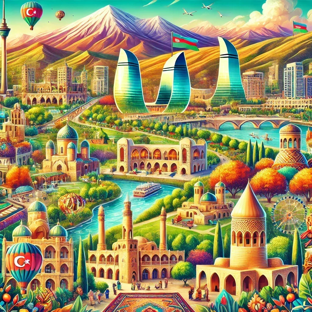 DALL·E 2024-11-16 01.24.48 - A vibrant and captivating illustration of tourism in Azerbaijan. The image features a blend of iconic landmarks such as the Flame Towers in Baku, the